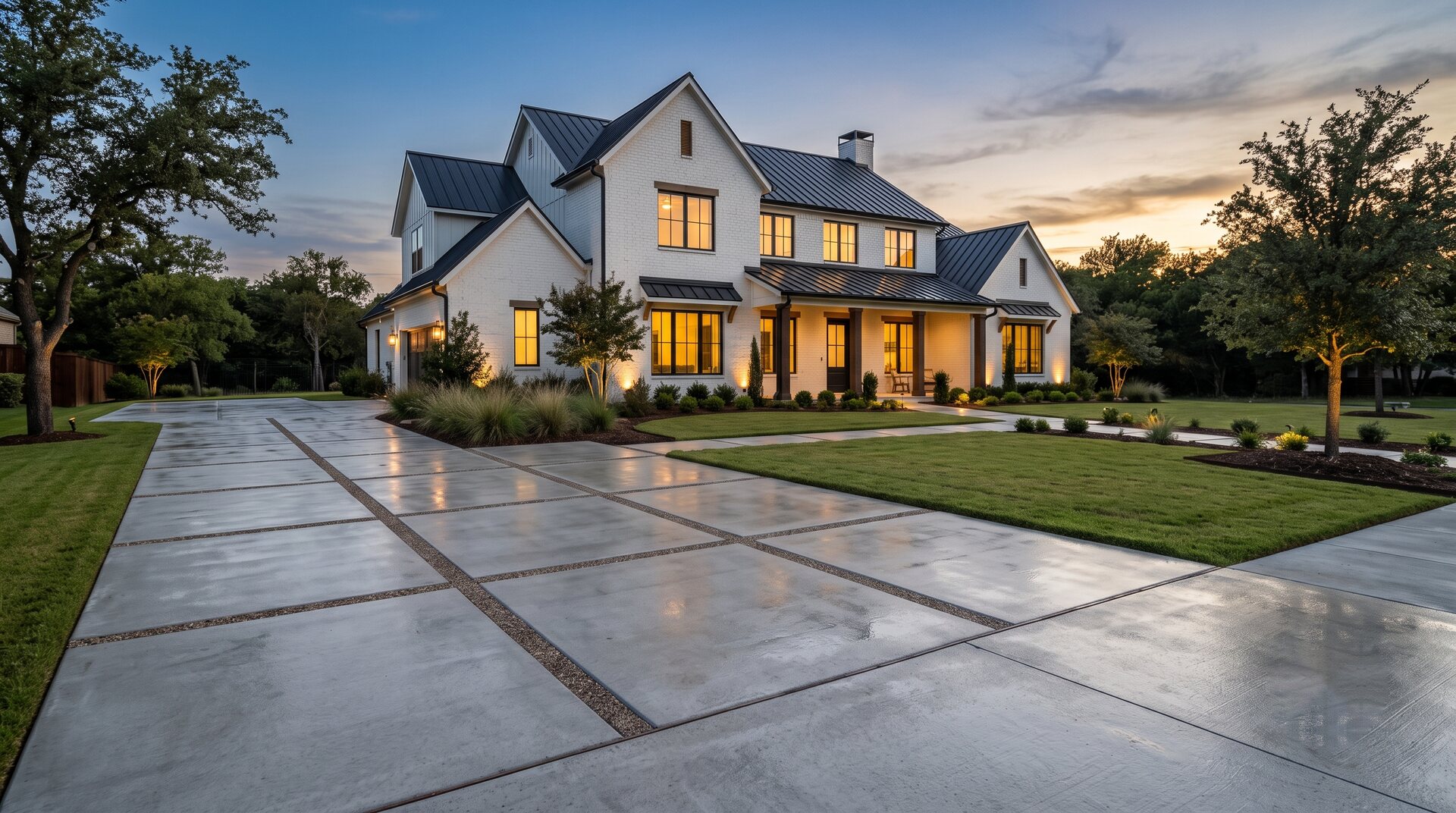 Modern sawcut panel driveway with exposed aggregate ribbons at dusk