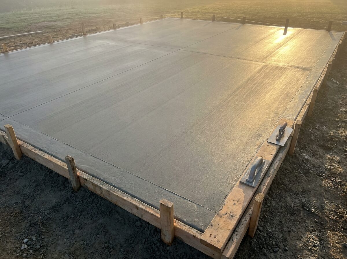 Freshly floated concrete slab at sunrise