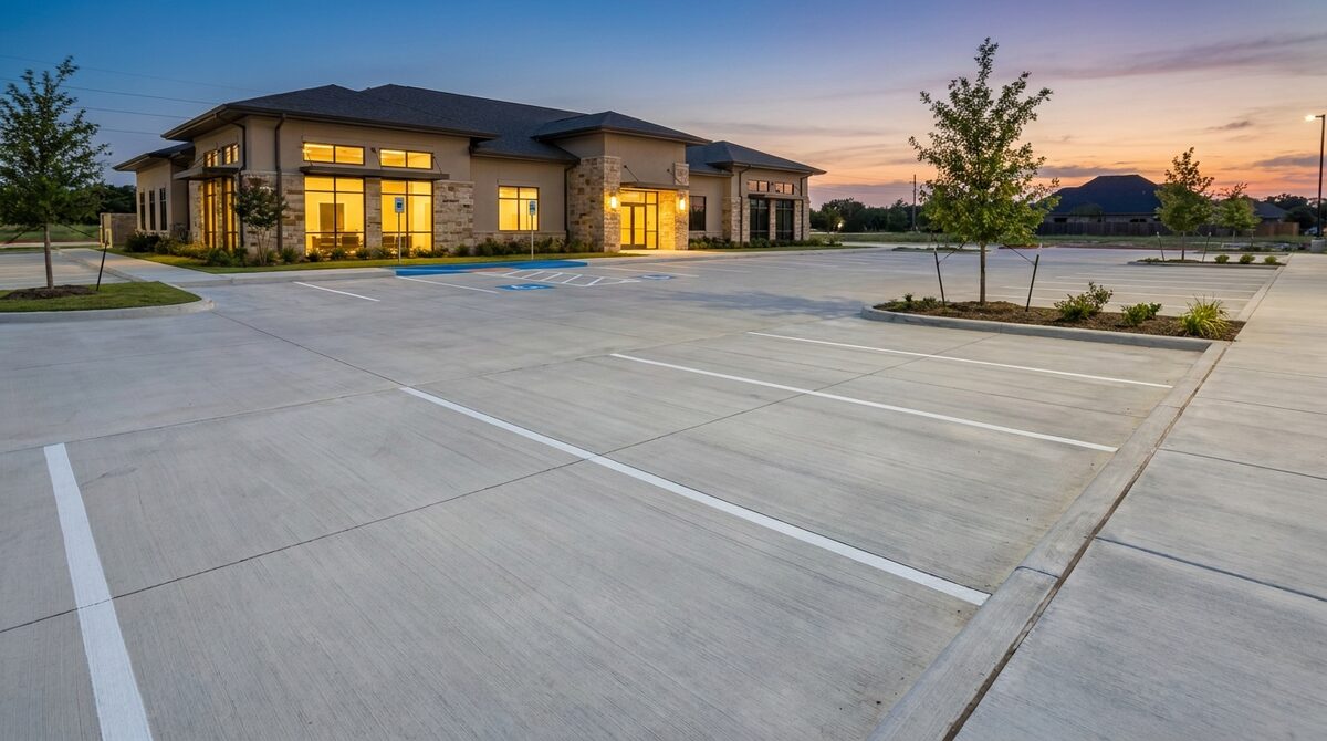 New commercial concrete parking lot at a modern office building